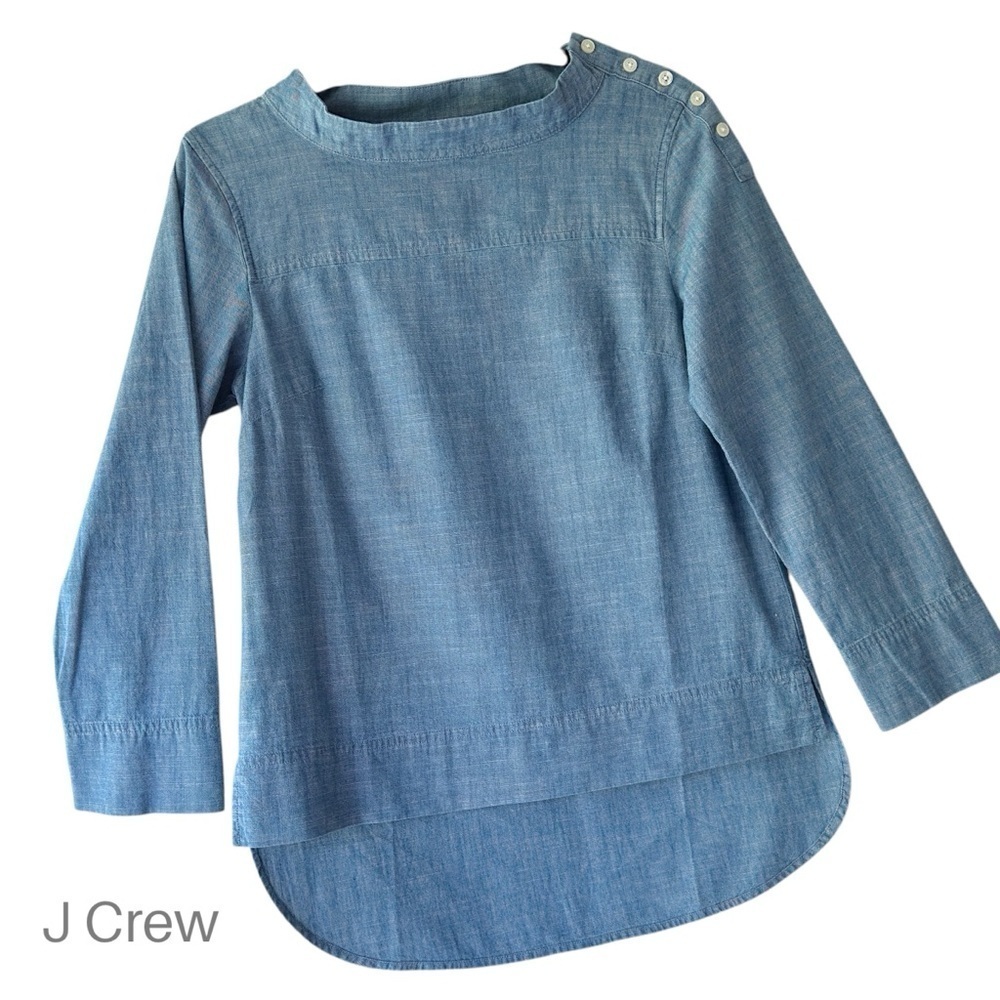 J CREW | NWOT LONG SLEEVE CHAMBRAY COTTON TOP BUTTON SHOULDER HIGH LOW SIZE 00